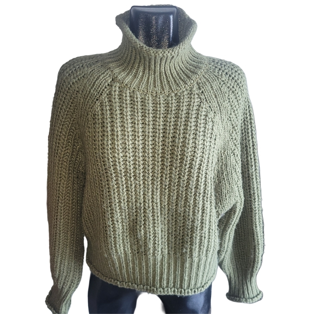 Lavon Olive Green Chunky Knit Wool Blend Cropped High Neck Sweater L
